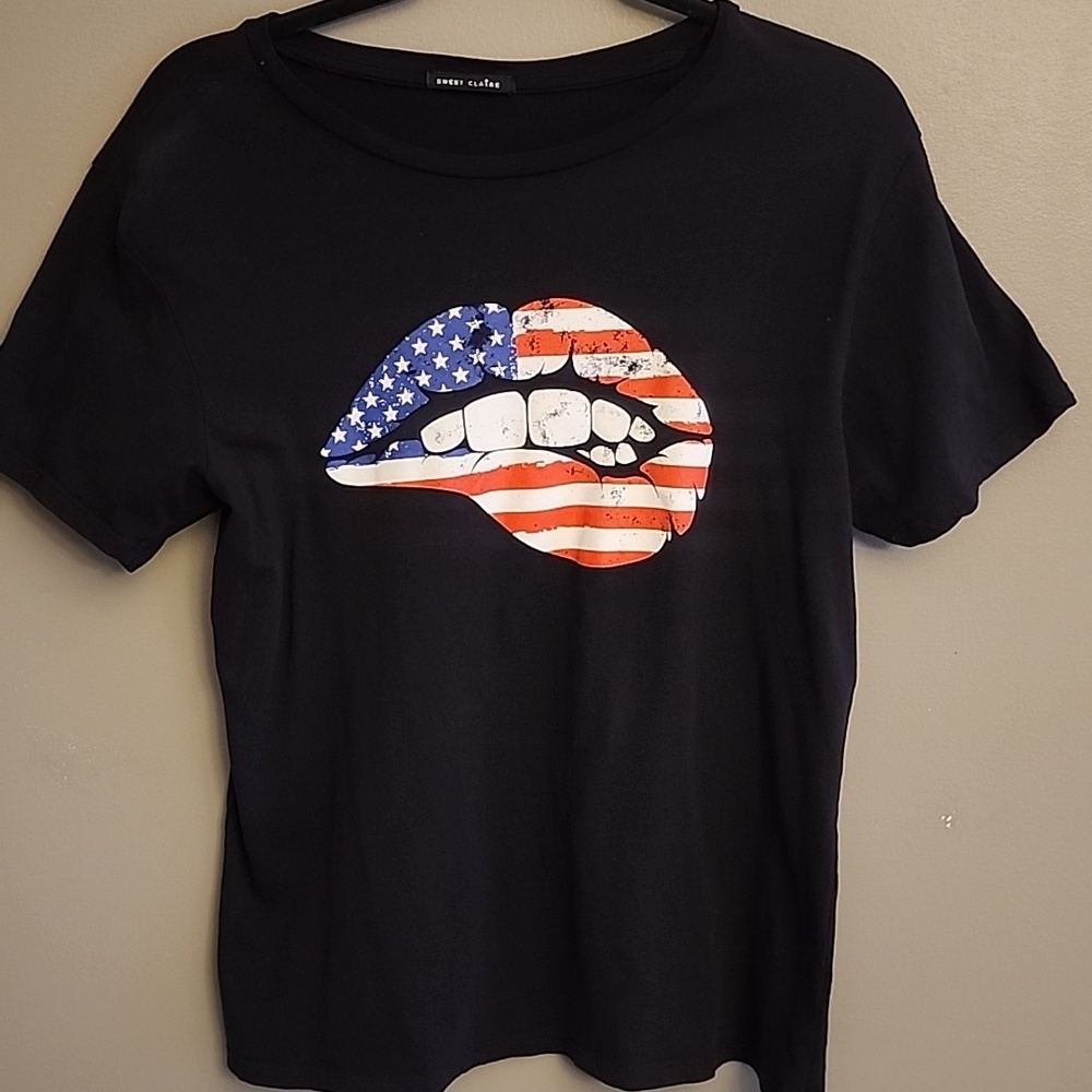 Sweet Claire Black Tee with American Flag Lips Graphic